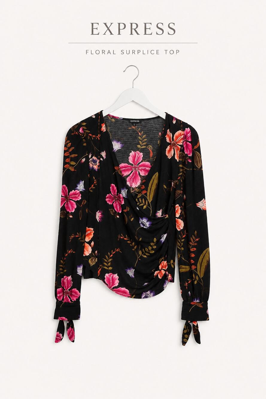 Express Floral Surplice Blouse Black Pink Long Sleeve Tie Cuff Top Small